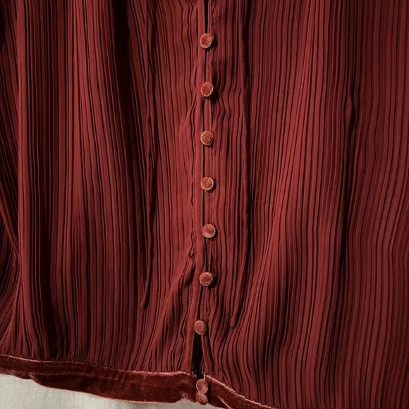 Free People Pleated Chiffon with Velvet Details Button-Up Blouse - Picture 2 of 8